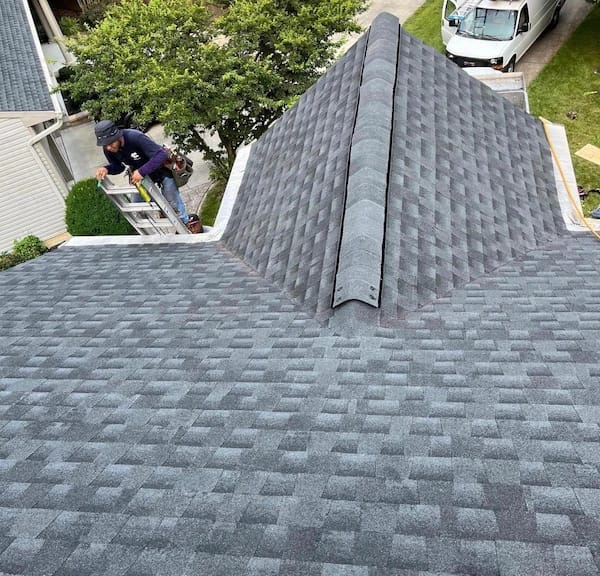 Finished GAF Pewter Grey roof with ridge vent. 