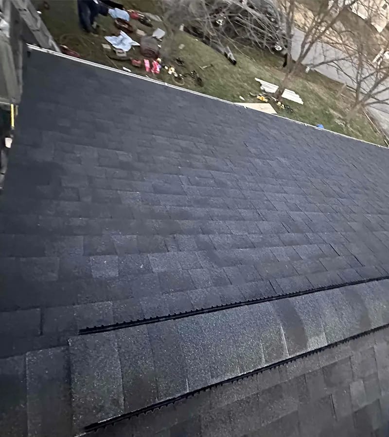 A detached shed with a green standing seam metal roof.